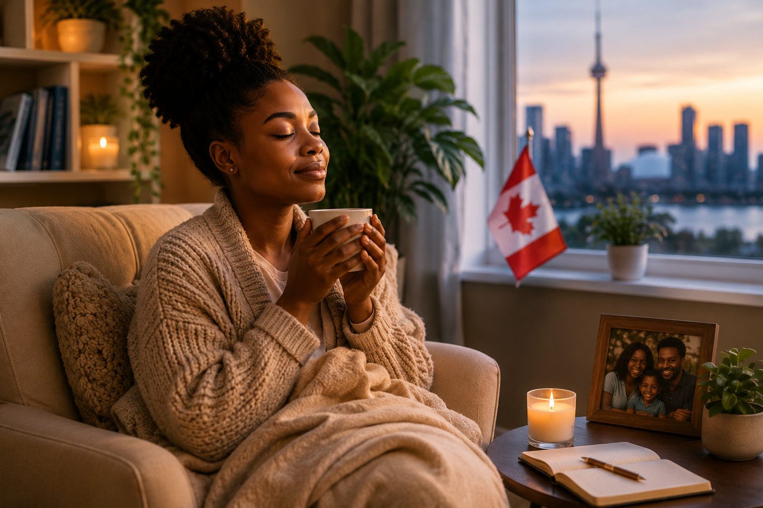 A woman resting with tea and journal in a quiet moment of self-care